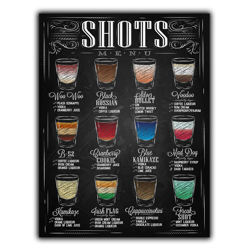 METAL SIGN PLAQUE SHOTS MENU RECIPES print Bar Cafe cocktails A3 420 x 297 mm