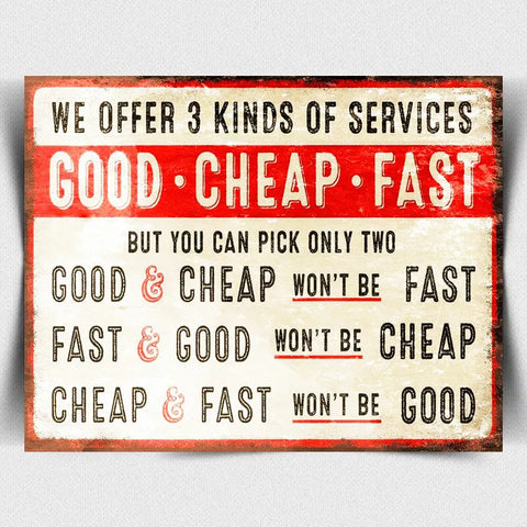 METAL PLAQUE SIGN "Good Cheap Fast" Humorous Funny Retro style office shop work