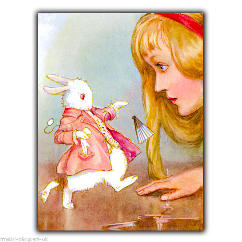 Alice in Wonderland White Rabbit METAL SIGN WALL PLAQUE Vintage print poster