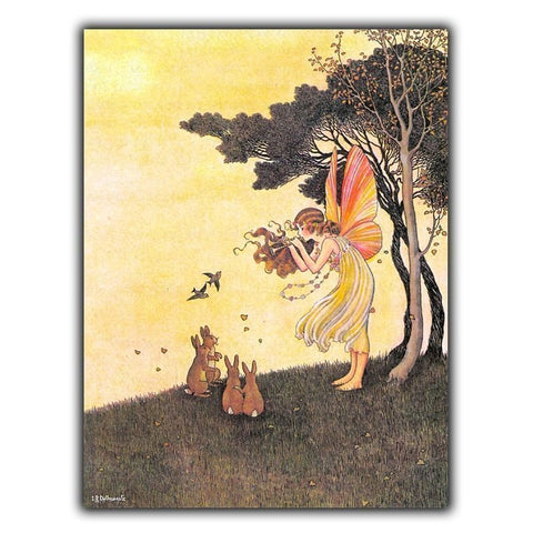 FAIRY & RABBITS - METAL SIGN WALL PLAQUE nursery kids childrens playroom bedroom