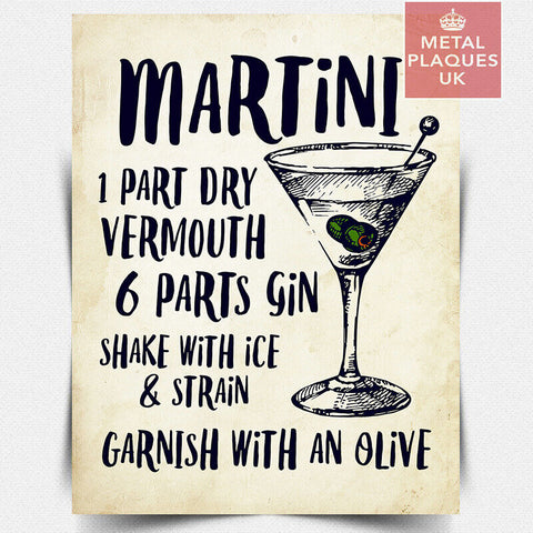 METAL SIGN Plaque MARTINI RECIPE Vermouth Gin Cocktail kitchen bar cafe man cave