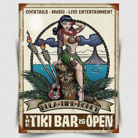 Tiki Bar Is Open Retro metal Aluminium Sign vintage Pub Bar Kitchen ManCave Bar