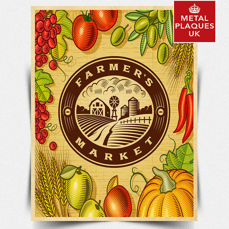 METAL WALL SIGN PLAQUE FARMERS MARKET Farm VEGETABLES Kitchen Retro Vintage