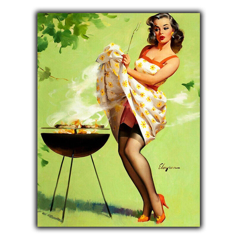 METAL SIGN WALL PLAQUE BBQ Garden PIN UP GIRL ELVGREN Retro A3 420 x 297 mm