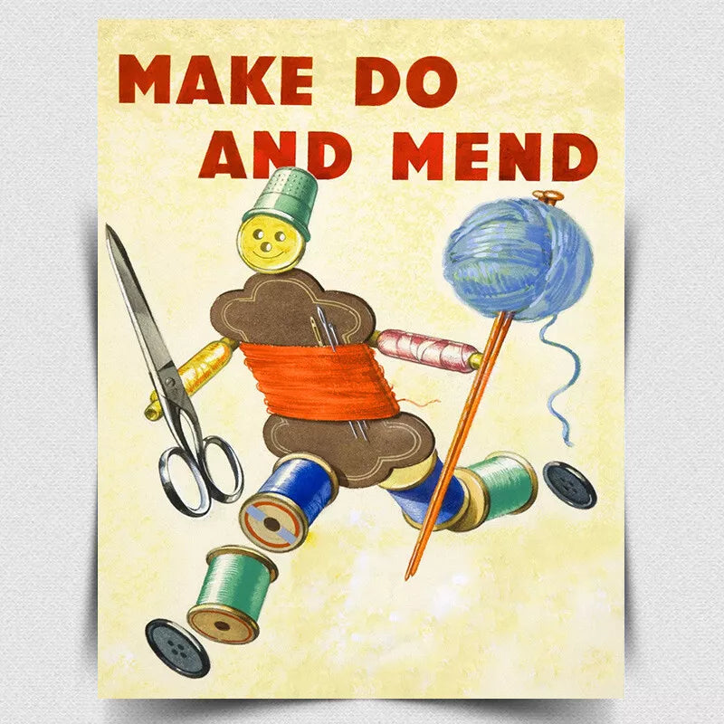 METAL SIGN PLAQUE MAKE DO AND MEND Sewing Clothing repair Vintage print WWII