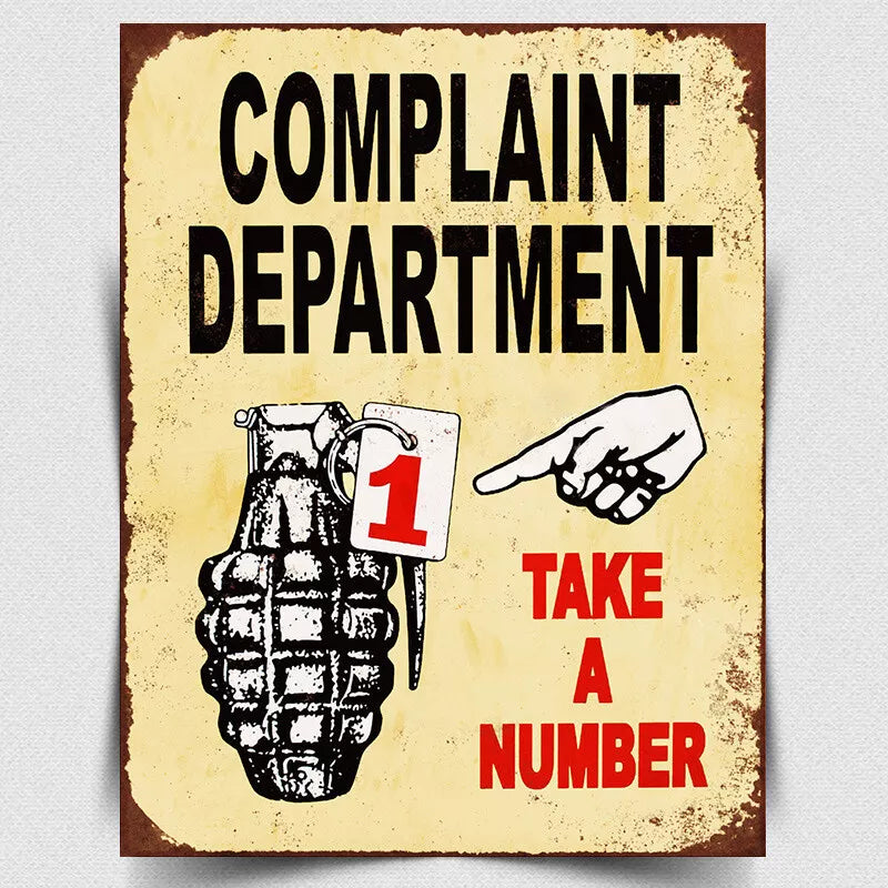 METAL SIGN WALL PLAQUE COMPLAINT DEPARTMENT Ticket queuing Funny Office Humour