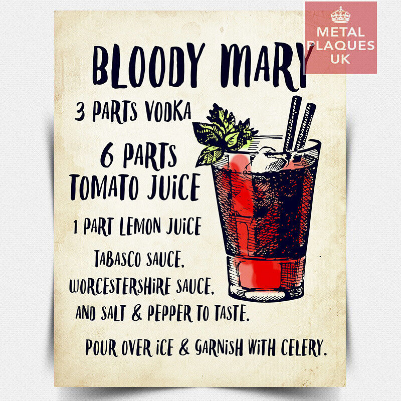 METAL SIGN PLAQUE BLOODY MARY RECIPE Vodka cocktail kitchen bar cafe man cave