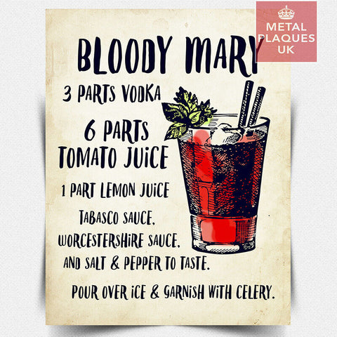 METAL SIGN PLAQUE BLOODY MARY RECIPE Vodka cocktail kitchen bar cafe man cave