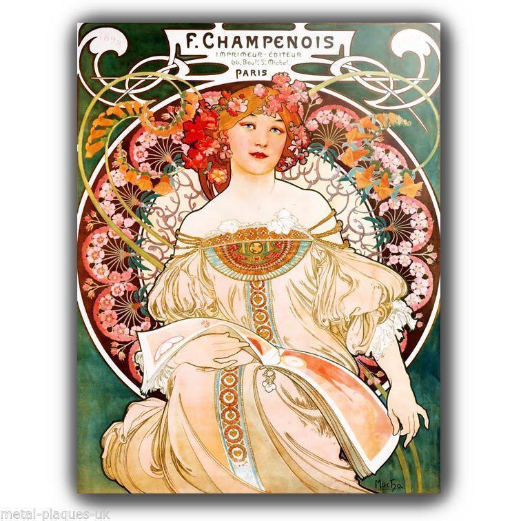 METAL WALL PLAQUE Alfons Alphonse Mucha CHAMPENOIS VINTAGE SHABBY A3 420 x 297mm