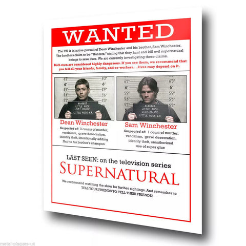 WANTED SAM DEAN WINCHESTER SUPERNATURAL SIGN METAL PLAQUE art print poster