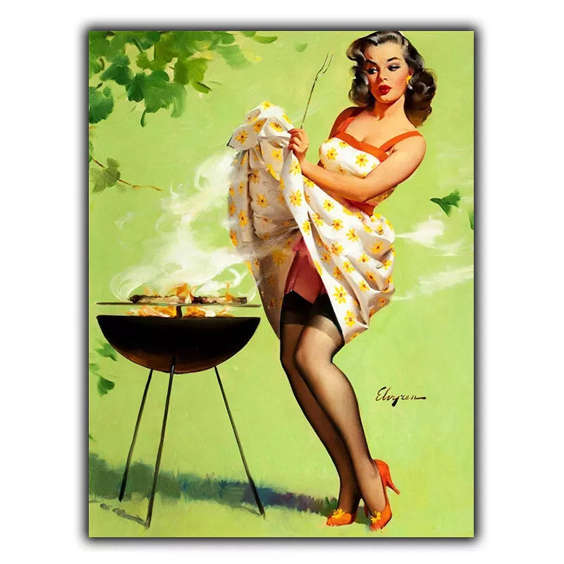 METAL SIGN WALL PLAQUE BBQ Garden PIN UP GIRL ELVGREN Retro Vintage style print