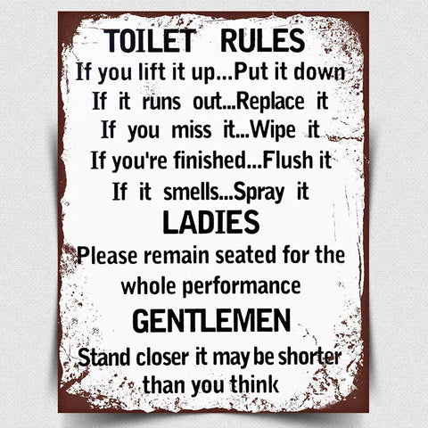 METAL SIGN WALL PLAQUE TOILET RULES print picture retro style bathroom decor