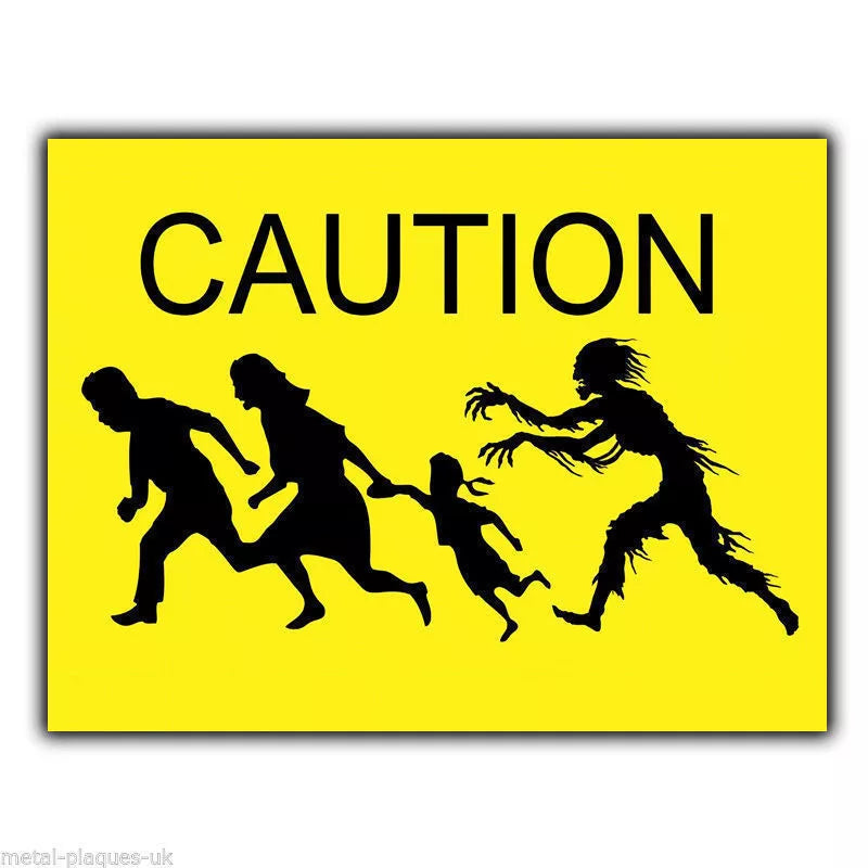 CAUTION ZOMBIE ATTACK METAL WALL SIGN/PLAQUE art funny humorous bedroom poster