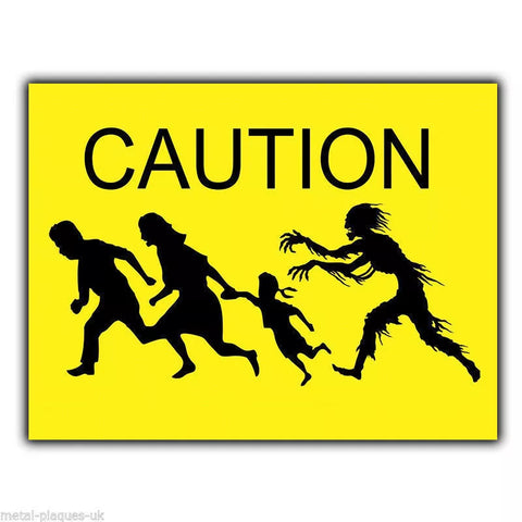 CAUTION ZOMBIE ATTACK METAL WALL SIGN/PLAQUE art funny humorous bedroom poster