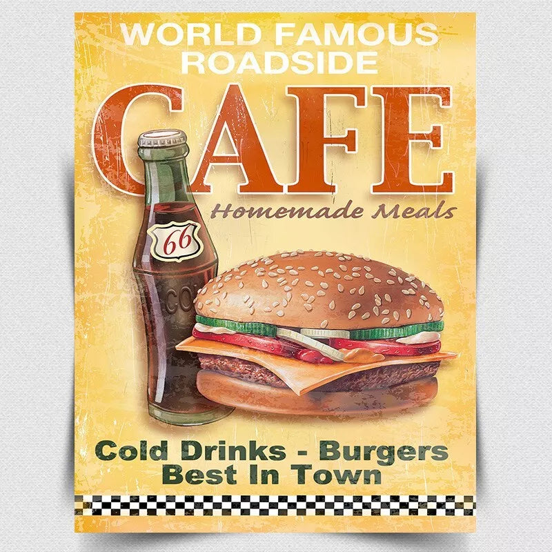 WORLD FAMOUS CAFE BURGERS SIGN METAL PLAQUE PRINT Retro Vintage poster Advert